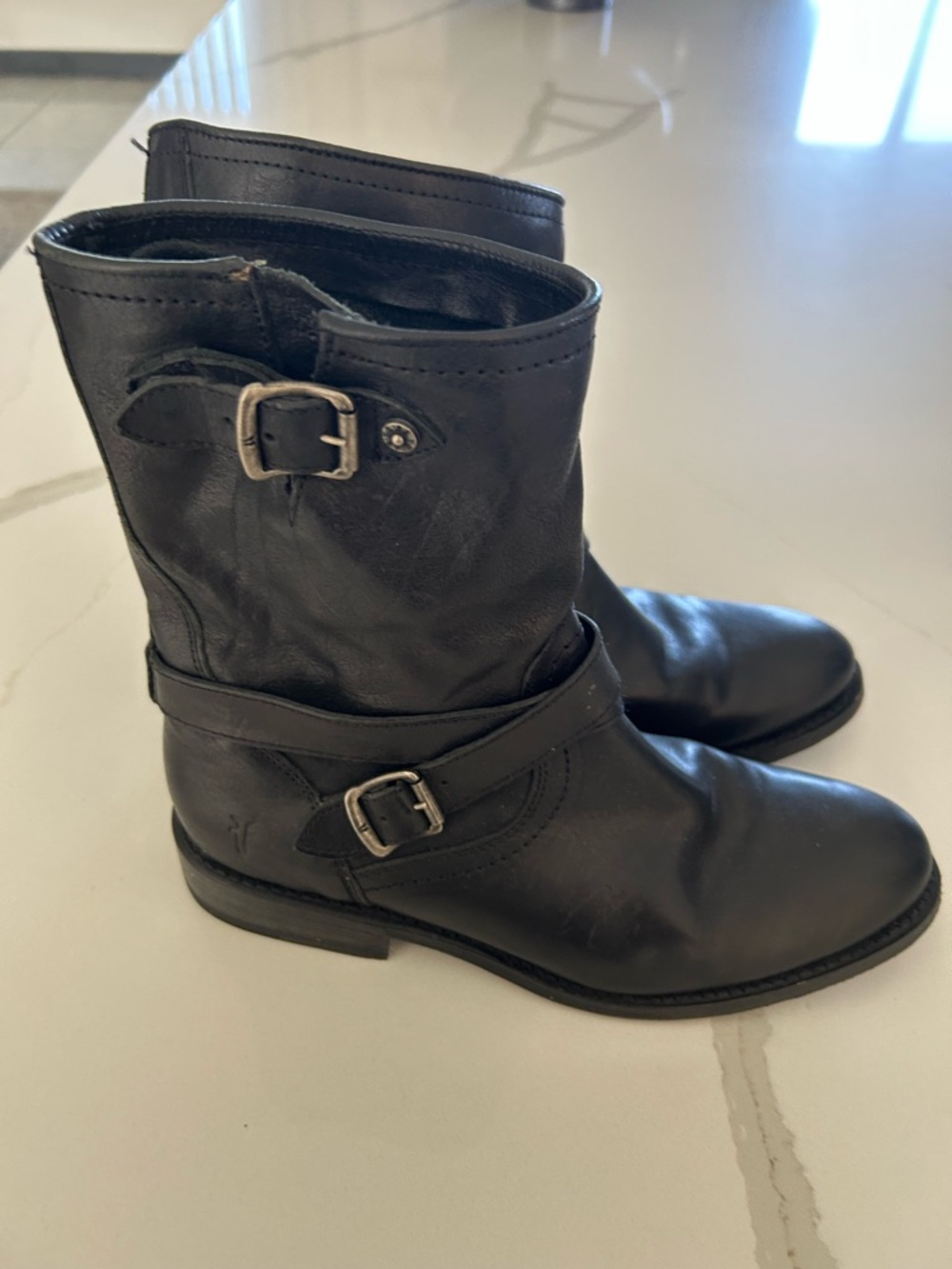 Frye Black Leather Mid-Calf Buckle Moto Boots